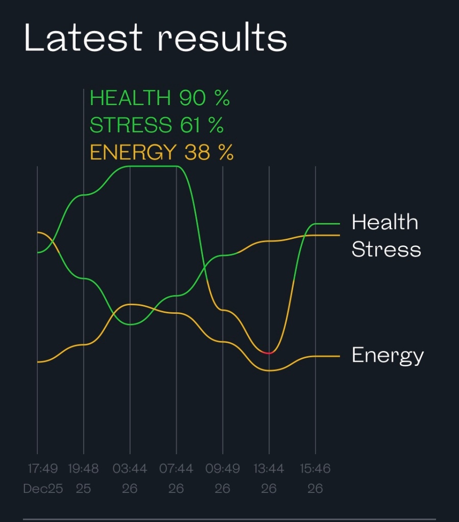 A graph of how my health, stress, and energy levels changed throughout the day.