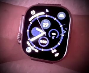 Blurry photo of how I have the Apple Watch Ultra's face set.